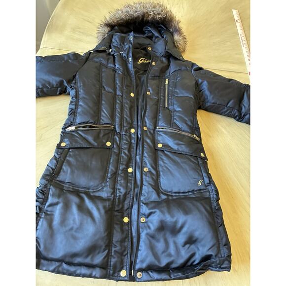 VTG Y2K Puffer Jacket Goose Down Feather Faux Fur Hood Black Silky Guess Women M - Picture 5 of 16